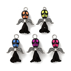 Черный Подвески из непрозрачного черного акрила, череп, с тибетским сплавом и акриловым цветком, чёрные, 28.5x18x13 мм, отверстие : 3.5 мм