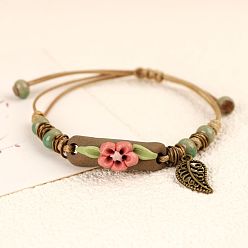 Светло-Коралловый Регулируемые фарфоровые бусины-цветы ручной работы плетеные браслеты из бусин, браслеты с подвесками в виде листьев из сплава для женщин, свет коралловый, 7-1/8 дюйм (18 см)