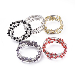 Mixed Color Five Loops Fashion Wrap Bracelets, with Rondelle Glass Beads, Iron Spacer Beads, Brass Tube Beads and Steel Memory Wire, Platinum, Mixed Color, 2 inch(5.2cm)