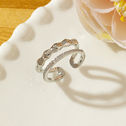 Others Brass Micro Pave Cubic Zirconia Cuff Open Rings for Women, Platinum, Wave, 15~20mm