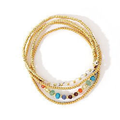 304 Stainless Steel 4шт. роскошный натуральный 304 круглый браслет из нержавеющей стали, лунного камня, лазурита, малайзийского нефрита, стекла, кубического циркония, фиолетового граната, красного граната и стеклянных бусин для женщин, внутренний диаметр: 6-1/2 дюйм (16.5 см)