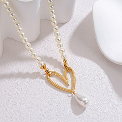 Сердце Женские бусы-подвески из искусственного жемчуга в форме капли и нержавеющей стали, белые, золотые, сердце, 304 дюйм (15.94 см), Кулон : 40.5 мм