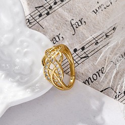 Настоящее золото 18K Кольца-манжеты из латуни с микропаве, прозрачные кубические циркония, кольца крест-накрест для женщин, долговечный, стойки покрытие, без свинца и без кадмия, реальный 18 k позолоченный, регулируемый, 10.5 мм