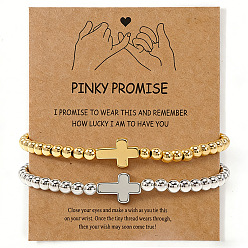 Золотой & Серебряный 2 Набор эластичных браслетов из латунных и 304 нержавеющих стальных бусин, крестик ювелирные изделия для женщин мужчин, золотой и серебряный, 6.89 дюйм (17.5 см)