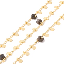 Larvikite Цепочки из натурального черного ларвикита с бусинами, с латунными цепочками из скрепок и плоской круглой подвеской, пайки, с катушкой, без свинца и без кадмия, золотые, 2x1x0.5 мм, 5.5x3x1 мм