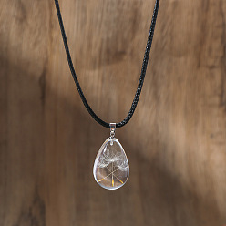 Прозрачный Кулон в виде семени одуванчика в форме капли из смолы, подвеска-талисман на черном шнурке для женщин, платина, прозрачные, 17.32 дюйм (44 см)