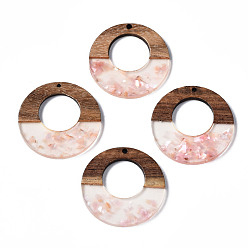 Pink Transparent Resin & Walnut Wood Pendants, with Shell Chips, Two Tone, Donut, Pink, 38x3mm, Hole: 2mm