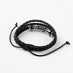 Black Adjustable Multi-strand Leather Cord Bracelets, with Alloy Findings & Hollow Tube Beads, Platinum, Black, 60mm(2-3/8 inch)