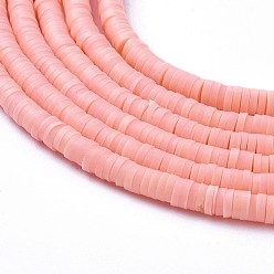 Dark Salmon Handmade Polymer Clay Beads, Disc/Flat Round, Heishi Beads, Pink, 4x1mm, Hole: 1mm, about 380~400pcs/strand, 17.7 inch