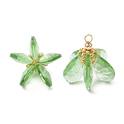 Лайм Стеклянные подвески, цветочный шарм, с латунными петлями и бисером, граненые, желто-зеленые, 23~24x24~26 мм, отверстие : 2.5~3x3~3.5 мм