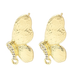Бабочка Латунные микро-паве прозрачные серьги-гвоздики из циркония, реальный 14 k позолоченный, бабочка, 23x15 мм, отверстие : 1.6 мм, штифты : 1 мм