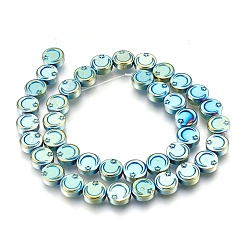 Зеленое Покрытие Гальванизировать немагнитных синтетический гематит нитей бисера, Плоский круглый с луной и звездой, зеленый покрытием, 9.5~10x4 мм, отверстие : 1 мм, около 40~41 шт / нитка, 15.3 дюйм ~ 15.7 дюйм (39~40 см)