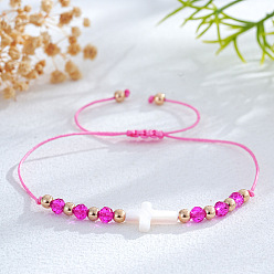 Темно-Розовый Регулируемые браслеты из плетеных бусин из стекла и латуни, украшения в виде креста из натуральных ракушек для женщин, темно-розовыми, 11.02 дюйм (28 см)