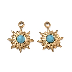 Golden Synthetic Turquoise Pendants, 304 Stainless Steel Sun Bezeled Charms, Ion Plating(IP), Golden, 12x10x3mm, Hole: 1.5mm