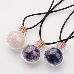 Mixed Stone Glass Wishing Bottle Leather Cord Pendant Necklaces, with Natural Gemstone Chip Beads, 16.54 inch