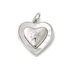 Платина Подвески из латуни с натуральными белыми ракушками, подвески-сердечки с кольцами-прыгунами, долговечный, без свинца и без кадмия, стойки покрытие, платина, 16.5x15x3 мм, отверстие : 3 мм