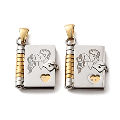 Golden & Stainless Steel Color 304 Stainless Steel Pendants, Book with Couple Charms, Polished, Ion Plating(IP), Golden & Stainless Steel Color, 25x18x4.5mm, Hole: 5.5x2.5mm