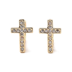Light Gold Латунные микро проложить серьги обруча кубического циркония, крестик, золотой свет, 15x10x12.5 мм