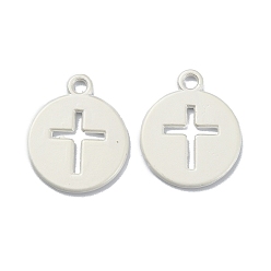 Matte Silver Color Plating Alloy Pendant, Flat Round with Cross, Matte Silver Color, 17.5x14.5x1mm, Hole: 1.6mm