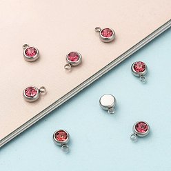 Rose 201 Stainless Steel Rhinestone Charms, October Birthstone Charms, Flat Round, Stainless Steel Color, Rose, 8.5x6x3mm, Hole: 1.5mm