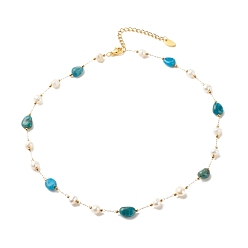 Апатит Колье из натурального апатита и жемчуга, позолоченные украшения из нержавеющей стали для женщин, 15.98~16.14 дюйм (40.6~41 см)