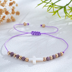 Лиловый Регулируемые браслеты из плетеных бусин из стекла и латуни, украшения в виде креста из натуральных ракушек для женщин, сирень, 11.02 дюйм (28 см)