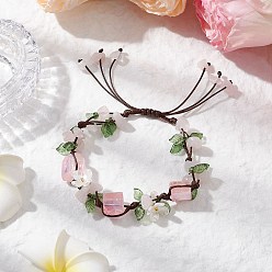 Розовый Кварц Гальванизированные натуральные бусины из розового кварца плетеные браслеты для женщин, цветок, с гальваническим покрытием из натуральных кварцевых бусин и акриловыми подвесками, внутренний диаметр: 2~3 дюйм (5~7.5 см)