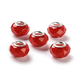 Красный Европейские бусины из перламутровой смолы, граненые рондельные бусины с большим отверстием, с двойными сердечниками из сплава платинового тона, красные, 13.5x9 мм, отверстие : 5 мм