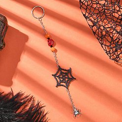 Черный Тематика хэллоуина стеклянные семена паутина брелки, с подвесками из сплава в тибетском стиле, железными брелоками и окрашенной синтетической бирюзой, старинное серебро и светлое золото, чёрные, 180~199x33x10 мм, отверстие : 17 мм