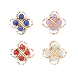 Light Gold 4 шт. 4 стили: натуральный аметист, окрашенный агат, зеленый авантюрин и лазурит, граненые круглые медные звенья-клеверы, обвитые многорядной проволокой, смешанные окрашенные и неокрашенные, золотой свет, 18~19x18~19x4.5 мм, отверстие : 6x3 мм, 1 шт / стиль