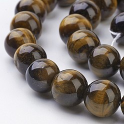 Dark Goldenrod Natural Tiger Eye Beads Strands, Grade AB+, Round, Dark Goldenrod, 10mm, Hole: 1mm