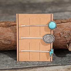 Antique Silver Tibetan Styles Alloy Hair Bobby Pins, with Synthetic Turquoise, Antique Silver, 74mm, 3pcs/set