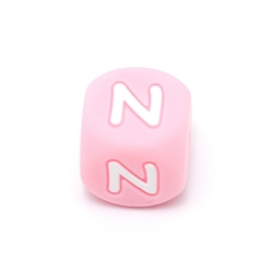 Letter N Silicone Alphabet Beads for Bracelet or Necklace Making, Letter Style, Pink Cube, Letter.N, 12x12x12mm, Hole: 3mm