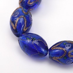 Blue Oval Shaped Handmade Gold Sand Lampwork Beads, Blue, 16x11mm, Hole: 2mm