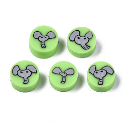 Light Green Handmade Polymer Clay Beads, for DIY Jewelry Crafts Supplies, Flat Round with Elephant, Light Green, 9~9.5x3.5~5mm, Hole: 1.6mm