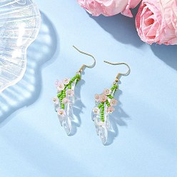 Светло-Коралловый Серьги-подвески из стеклянных бусин ручной работы, с акриловой, золотые, ветка цветка лилии, свет коралловый, 62x14~20 мм