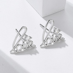 Платина Серьги-гвоздики из циркония, Слово любовь, платина, 10.5x11.5 мм