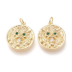 Золотой Латунные микро проложить кубического циркония подвески, с прыжковых колец, долговечный, плоско-круглые, прозрачные, золотые, 20x18x4 мм, отверстие : 3.5 мм