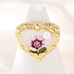 Сердце Латунные цветочные белые эмалевые манжеты-кольца, с абс пластмассовой имитационной жемчужиной, реальный 18 k позолоченный, стойки покрытие, долговечный, без кадмия и без свинца, сердце, внутренний диаметр: регулируемый, Сердце: 20x21.5 mm