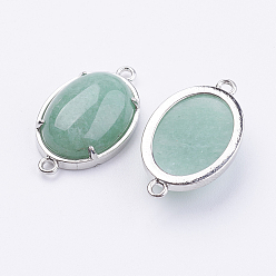 Зеленый Авантюрин Соединители звеньев авантюрина натурального зеленого цвета латуни, овальные, платина, 15x26x5.5~7 мм, отверстие : 1.5~2 мм
