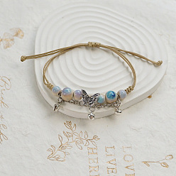 Разноцветный Бабочка керамические бусины плетеные браслеты из бисера, регулируемые плетеные браслеты из вощеного шнура для женщин, красочный, 4~9-7/8 дюйм (10~25 см)