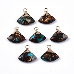 Deep Sky Blue Fan Assembled Synthetic Bronzite and Regalite/Imperial Jasper Pendants, with Iron Loop and Light Gold Plated Brass Top, Dyed, Deep Sky Blue, 18~19x18~19x5~6mm, Hole: 2mm