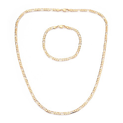 Настоящее золото 18K Комплекты колье и браслетов из латуни figaro, реальный 18 k позолоченный, 8.46x0.16x0.04 дюйм (215x4x1 мм), овальный : 9.5x4x1 mm, Коннекторы : 6x4x1 мм