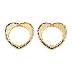 Настоящее золото 18K Кольца-сердечки из латуни с микропаве из разноцветных кубических цирконий, без кадмия и без свинца, стойки покрытие, долговечный, реальный 18 k позолоченный, 24x25x2.5 мм, внутренний диаметр: 17 мм