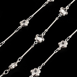 Silver Brass Star Link Chains, with Clear Cubic Zirconia Beaded, Unwelded, with Spool, Silver, 12x7x3.5mm