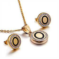 Letter O Плоский круглый с буквенным узором 304 ожерелье с подвеской из нержавеющей стали и серьгами-гвоздиками, золотые, Письмо O, 450 мм