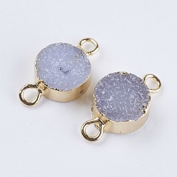Rainbow Plated Natural Druzy Agate Links connectors, with Light Gold Plated Brass Findings, Flat Round, Rainbow Plated, 14.5x8x4~5mm, Hole: 1.5mm