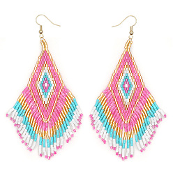 Pink Bohemian Handmade Glass Seed Beads Tassel Dangle Earrings, Golden, Rhombus, Pink, 100x52mm