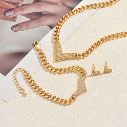 Золотой Наборы для женщин: браслеты, серьги-гвоздики и подвески из сплава с микропаве из прозрачных кубических цирконий в форме буквы V., золотые, ожерелья: 17.32 дюйм (44 см)