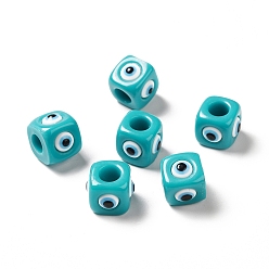 Dark Turquoise Resin Evil Eye European Beads, Large Hole Bead, Cube, Dark Turquoise, 12.5x14~14.5x14~14.5mm, Hole: 6mm